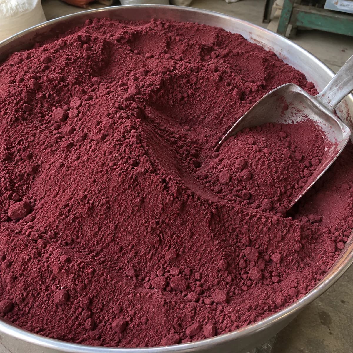 Bulk deep burgundy beetroot powder with a metal scoop
