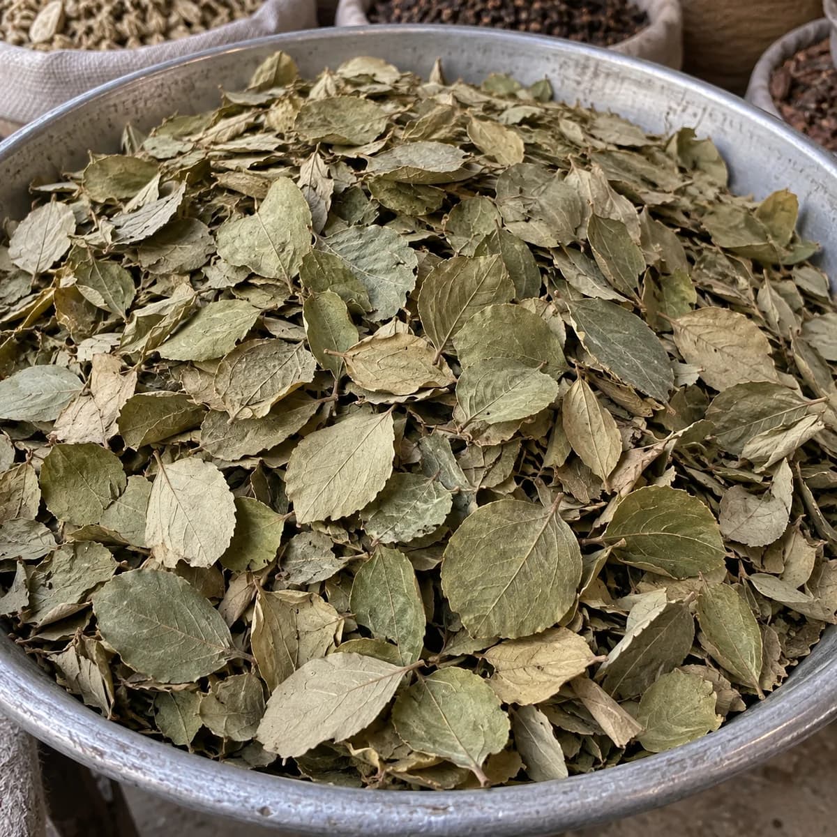 Loose dried beri leaves in bulk with naturally varied leaf sizes and colours