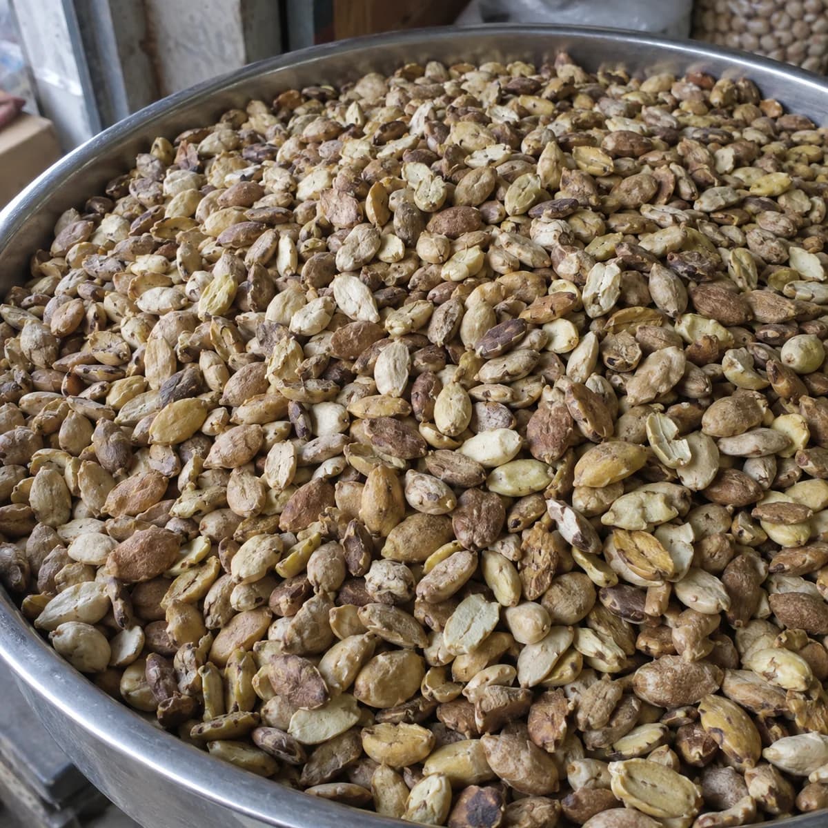 Loose dried neem seed kernels and irregular kernel pieces in bulk